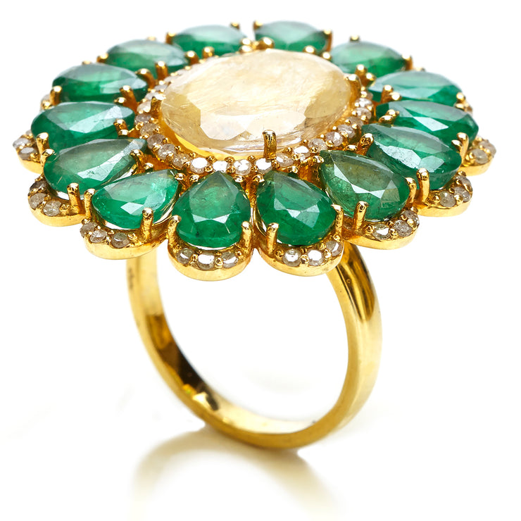 EMERALD AND YELLOW RUTILE FLOWER RING