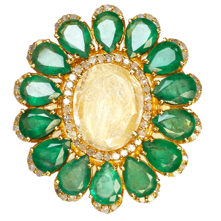 EMERALD AND YELLOW RUTILE FLOWER RING
